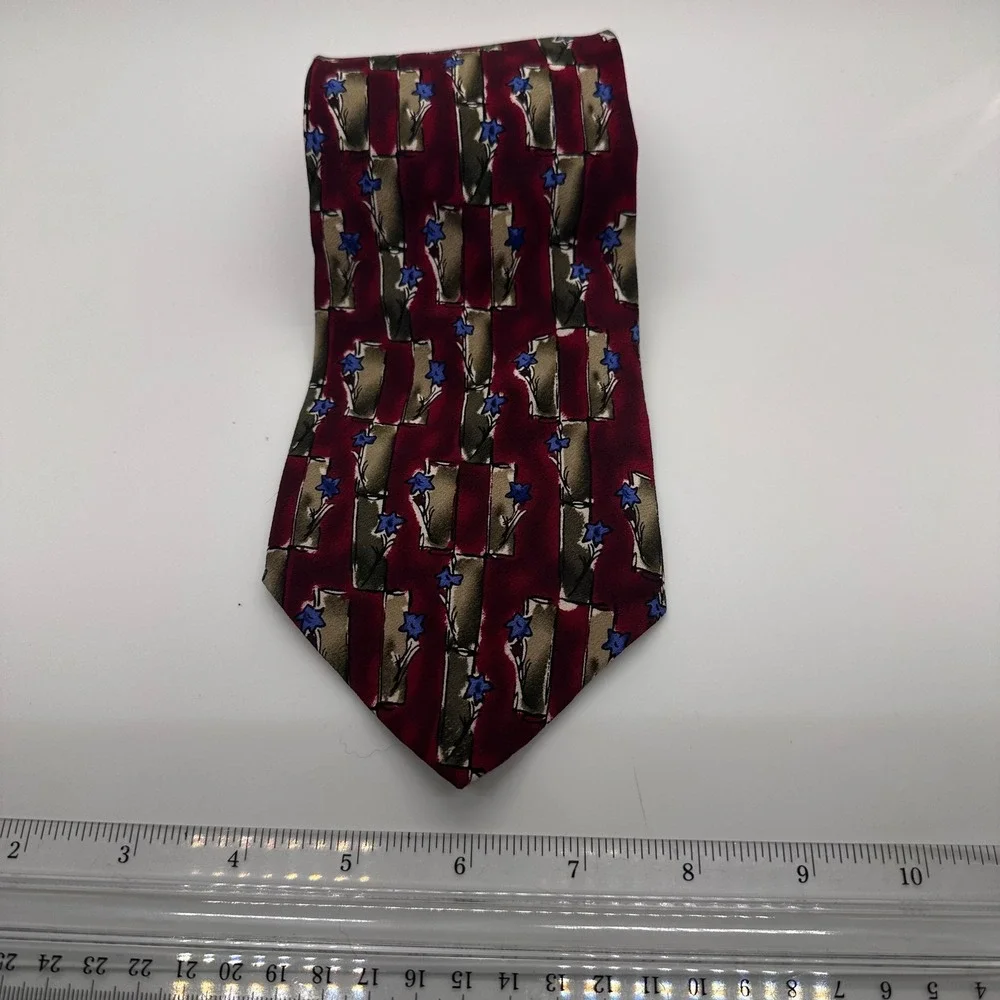 J. Garcia Necktie Floral Burgundy Blue Abstract Silk Tie‎